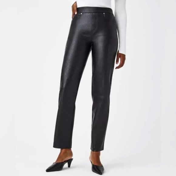 NWT SPANX LEATHER-LIKE Faux II Slim Straight Leg Pant 20528R Luxe Black Size 1X - Picture 1 of 16